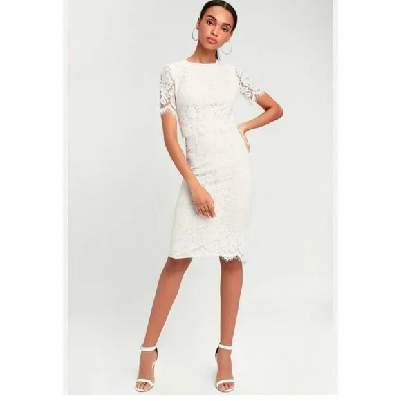 Lulus | Devotion White Lace Short Sleeve Midi Dress | Size Medium | 100% Polyester Lulus | Devotion White Lace Short Sleeve Midi Dress | Size Medium | 100% Polyester
